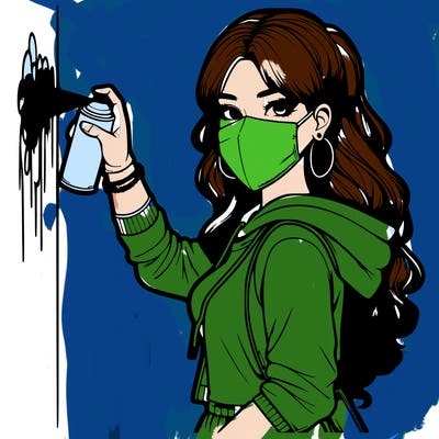 realistic girl with mask spray painting a wall