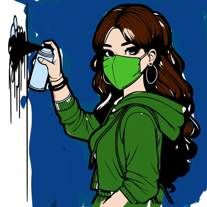 realistic girl with mask spray painting a wall