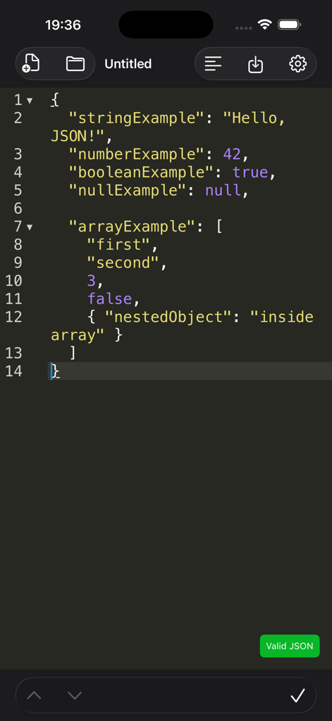 JSON editor on iPhone featuring dark mode syntax highlighting and real-time validation.