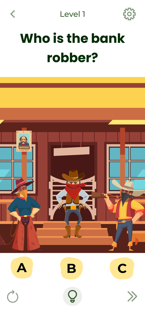 Un difícil puzzle de lógica del oeste de Brain Out que pide identificar a un atracador de bancos
