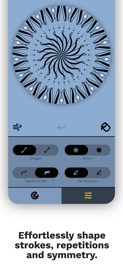 Interface of Make it Mandala app showing stroke and symmetry customization tools