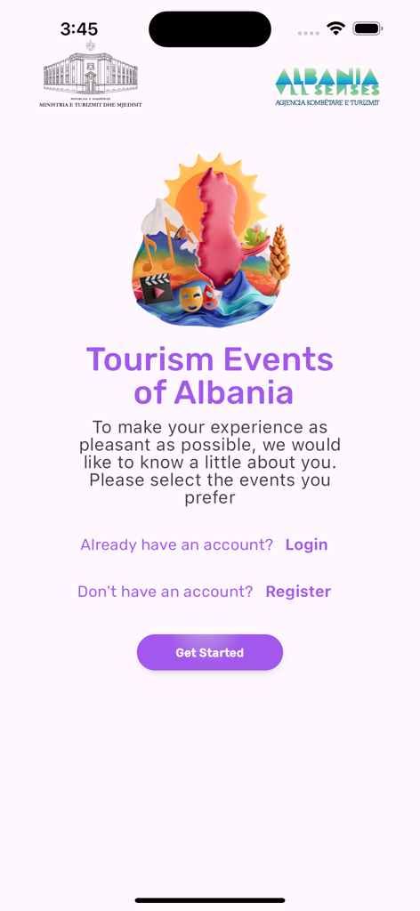 The welcome screen of the TEA Tourism Events of Albania app asking users to select preferred events.