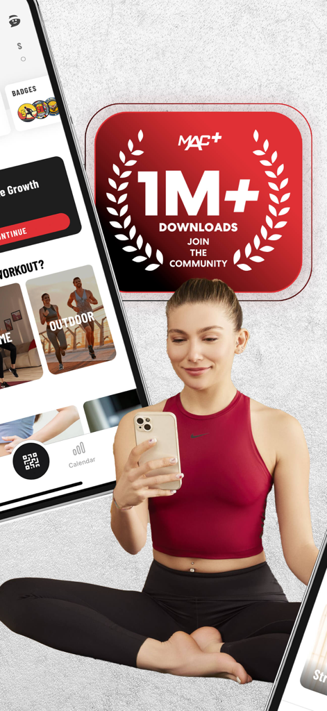 A young woman using the MAC plus fitness app on her phone during a home yoga session