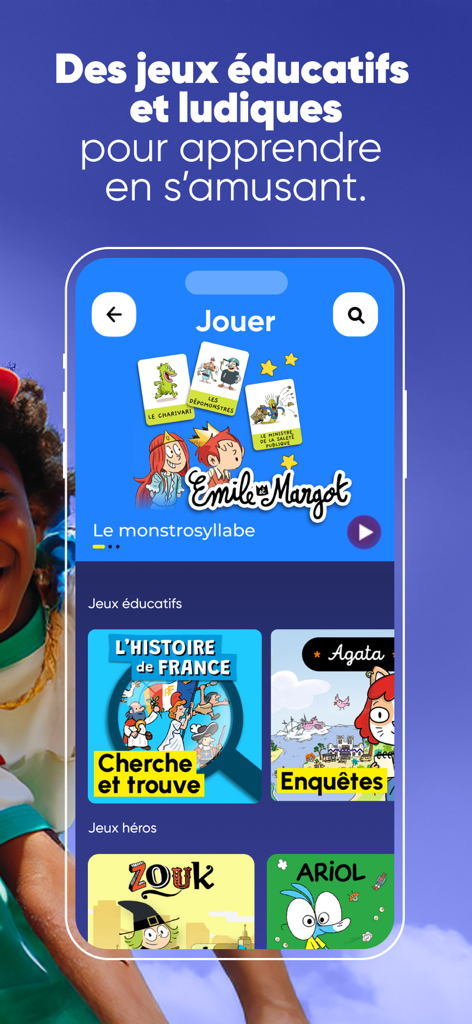 BayaM : Podcasts, jeux & films - Interface de l'application BayaM présentant des jeux éducatifs et des personnages pour enfants comme Ariol et Zouk.