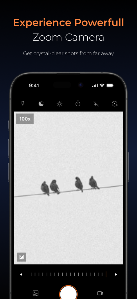 UltraCam 200x Zoom Telephoto - UltraCam app screenshot showing 100x zoom on four birds perched on a wire