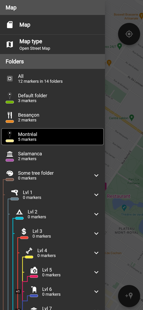 Interfaz que muestra el menú lateral con una lista de carpetas anidadas para organizar los marcadores de mapa por ubicación y nivel