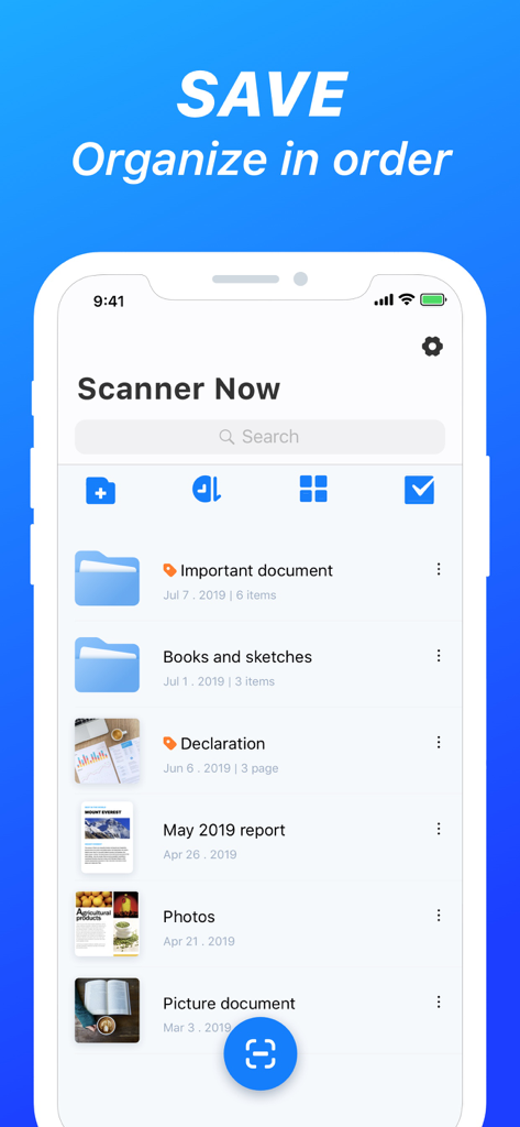 Nova Scanner app interface showing organized folders and scanned documents
