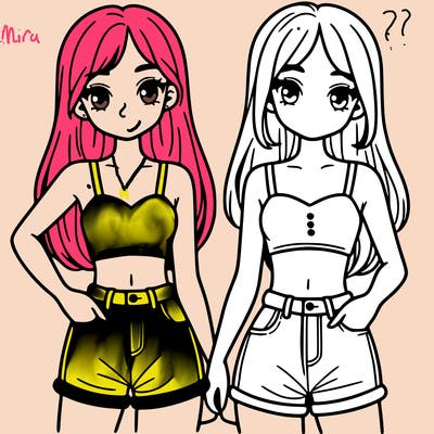 two sisters with crop tops and jean shorts and straight hair