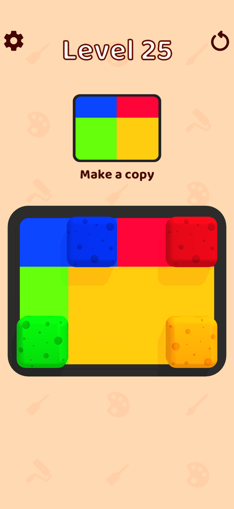 Paint Sponges - Pantalla de nivel del juego de puzzle casual Esponjas de Pintura que muestra una tarea de combinación de colores