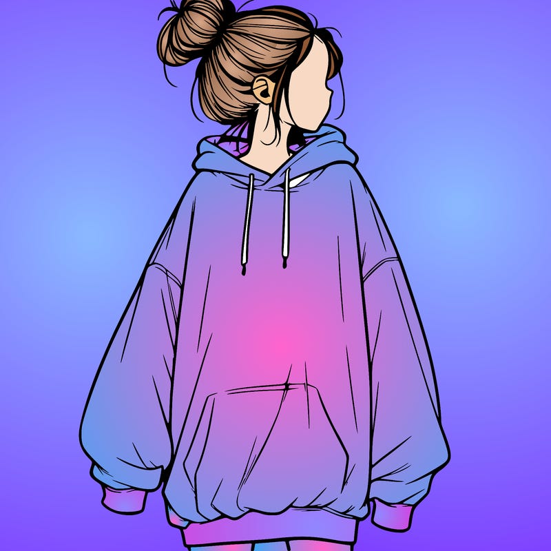 realistic girl with a oversized sweatshirt on and a bun