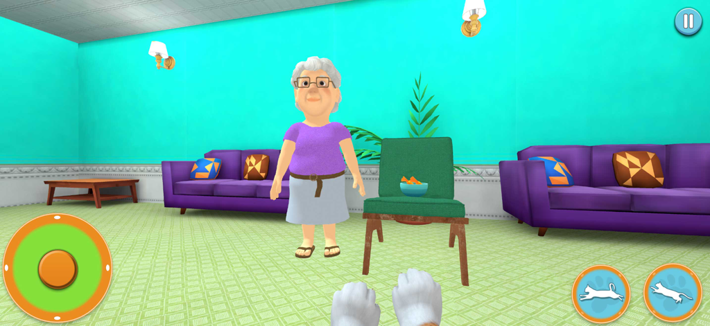 Mystery Cat Detective 3D Games - Jugabilidad en perspectiva de gato en primera persona que muestra patas y un personaje de abuela en una sala de estar