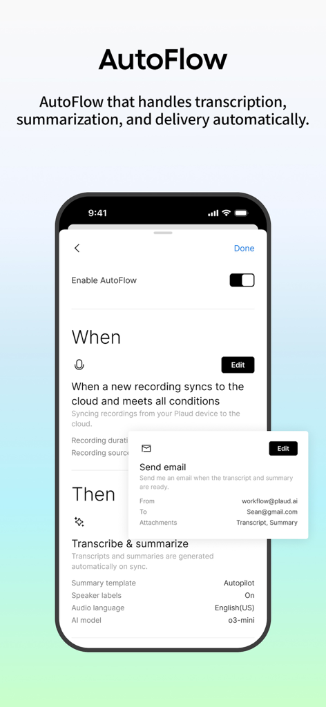 Plaud: AI Notetaker - Interface of the Plaud AI Notetaker app showing the AutoFlow automation settings for transcription and email delivery.