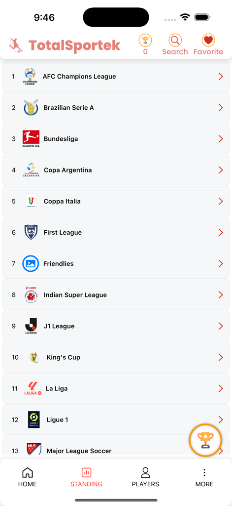 TotalSportek - Live Football - A list of global football leagues and tournaments including Bundesliga, La Liga, and MLS within the TotalSportek app standings section.