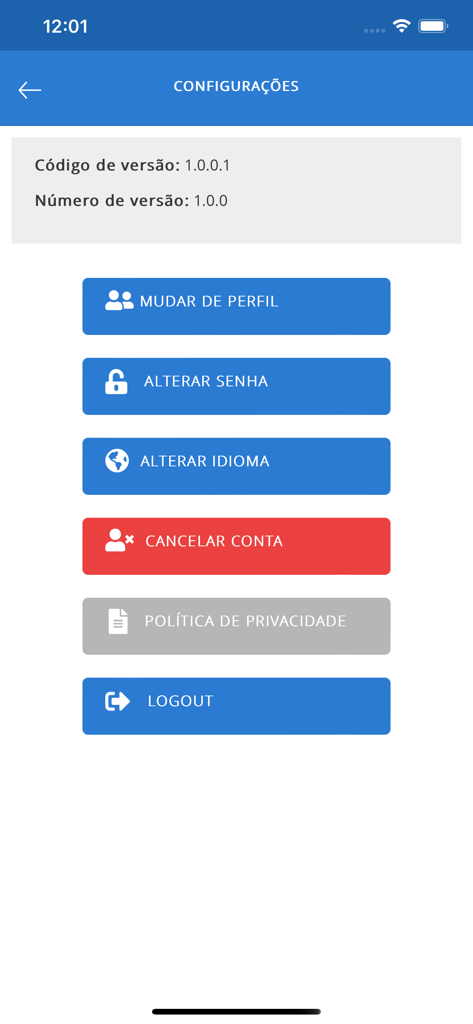 Olímpia Escola de Futebol - Settings screen of the Olimpia soccer school app with account management buttons