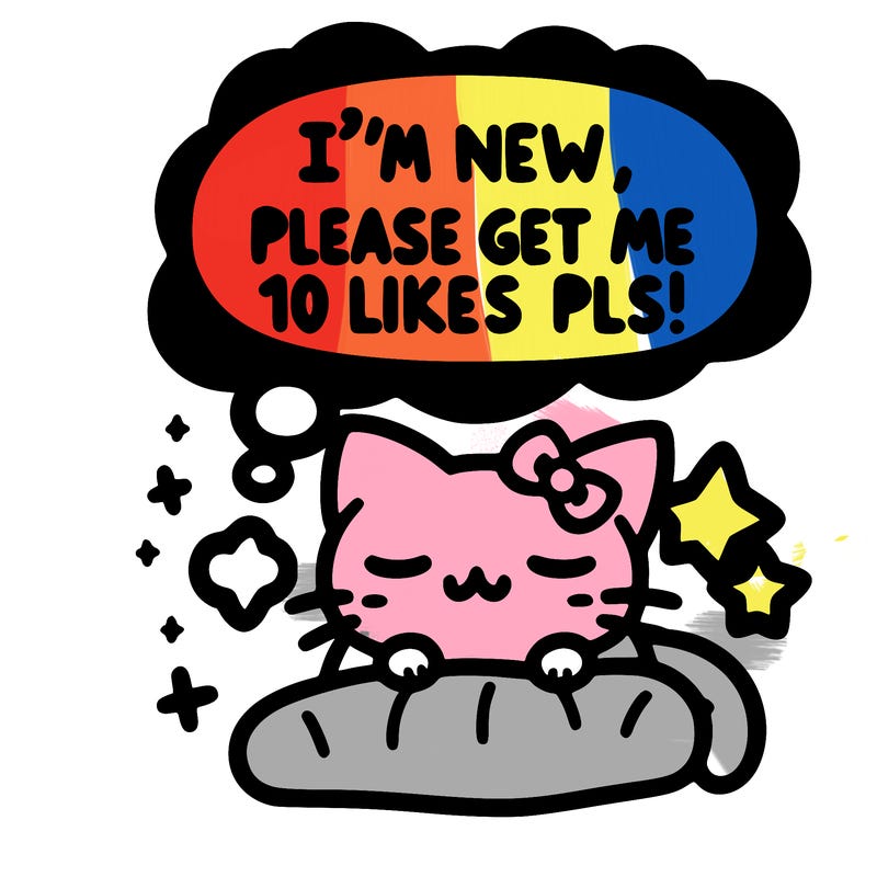 kitty taking a nap dream talking and saying "i'm new, please get me at least 10 likes pls!!"