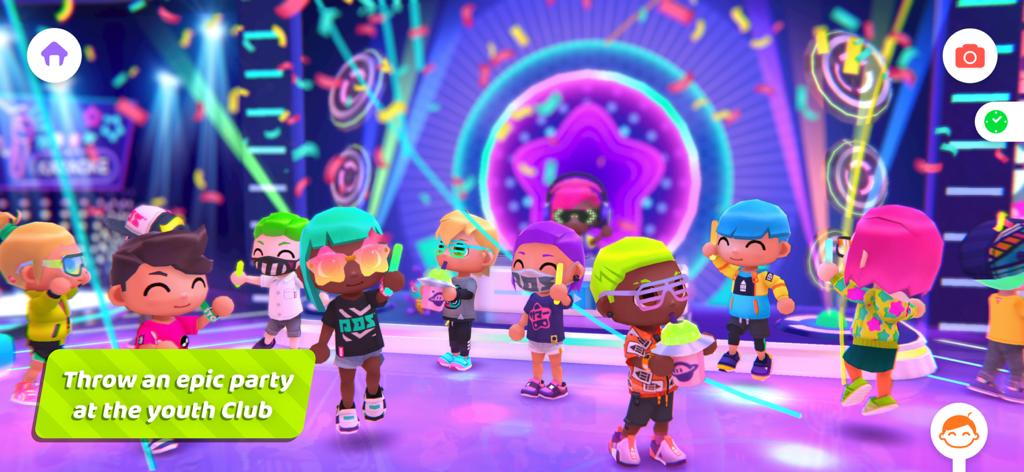 Personajes personalizables diversos celebrando y bailando en una fiesta en el club juvenil