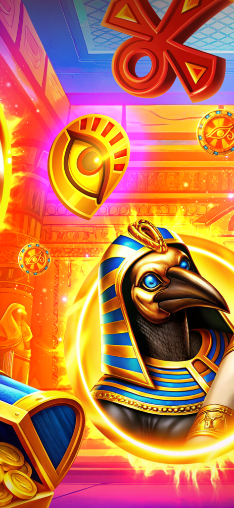 Ancient Spike Assault! - Vibrant artwork of an Egyptian bird-headed deity with glowing golden symbols and treasure