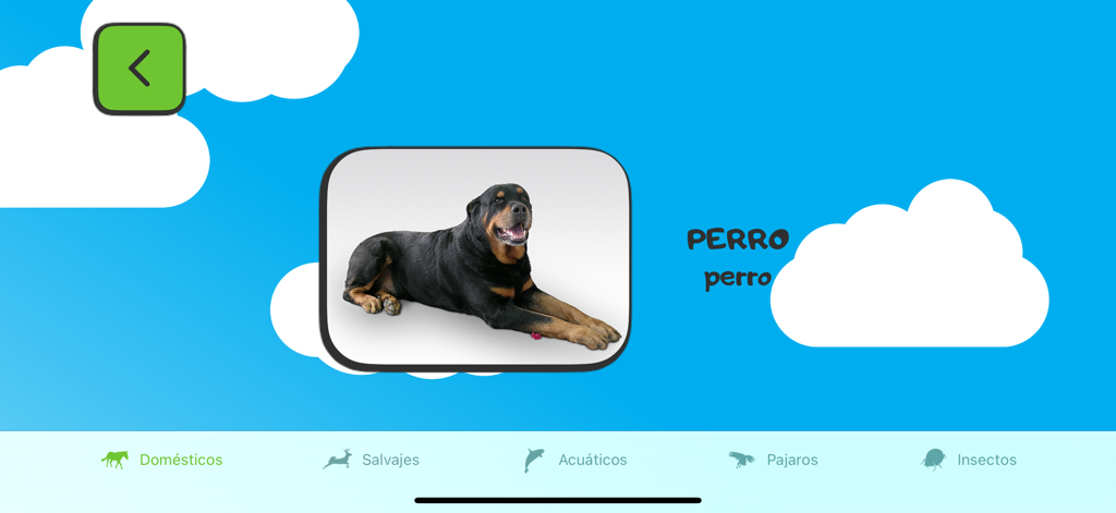 ABC para los Niños: Spannish - Interface of a Spanish learning app for kids showing a dog and the word perro