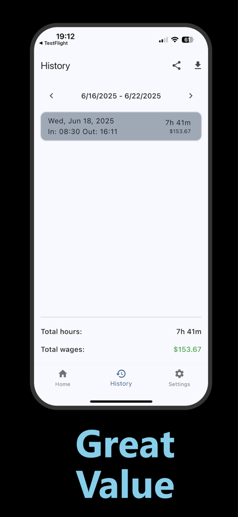 Pantalla de historial de la aplicación Punchcard que muestra un turno registrado con horas totales trabajadas y salarios ganados
