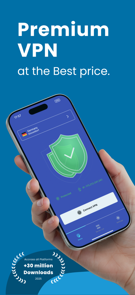Una mano sosteniendo un iPhone que muestra la aplicación VPN One Click con un escudo verde que indica una conexión segura.