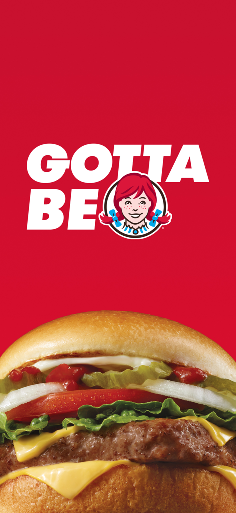 Wendy’s - Pantalla de bienvenida de la app de Wendy's con una hamburguesa grande y el logo de la marca