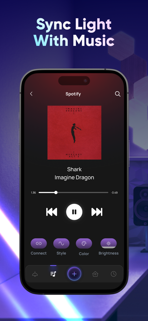 Smartphone screen showing the music sync feature of the Led Light Controller Home App with a Spotify integration