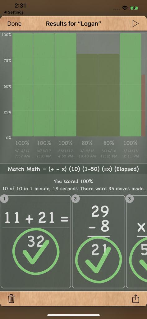 MathBoard - MathBoard app results screen showing student progress chart and correctly solved math equations