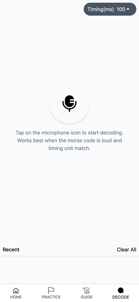 モールス信号アプリのインターフェースで、マイクを使用した自動解読機能を示しています。