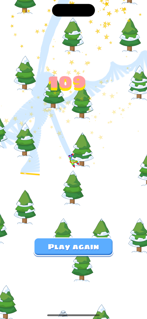 Captura de pantalla minimalista de la jugabilidad de esquí alpino de Ski Tree, que muestra a un personaje navegando entre pinos con una puntuación de 109 y un botón de Volver a Jugar.