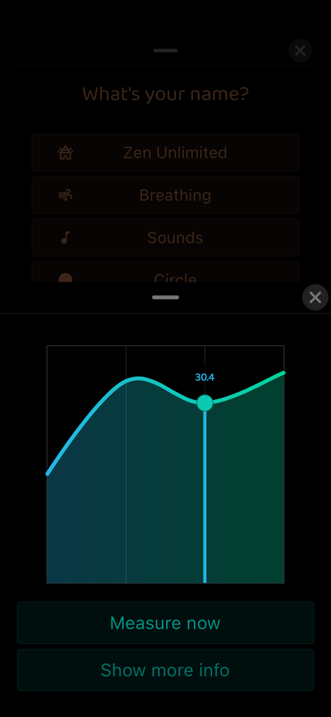 Dark mode interface of a meditation app showing a breathing rhythm graph and a menu for sound settings.