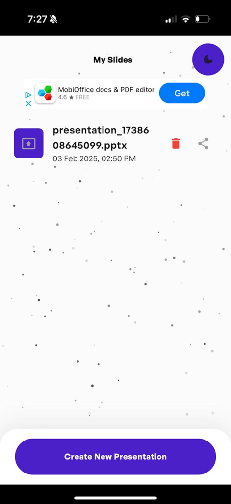 AI Presentation Generator - Interface showing saved PowerPoint presentations and a button to create a new presentation in the AI Presentation Generator app