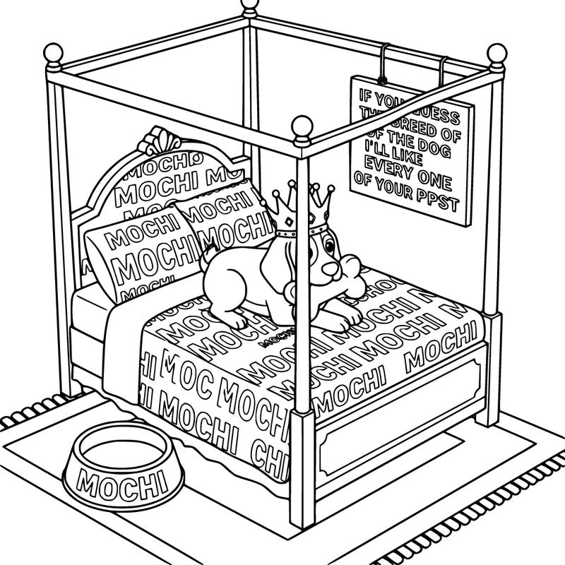 a beagle with  a crown on her head with a toy in her mouth in a bed and the bed says mochi everywhere on the bed with a dog food bowl that says mochi and a sign that says if you guess the breed of the dog i'll like every one of your ppsts