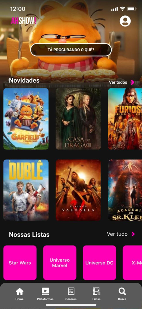 AhShow! - Tela inicial do aplicativo AhShow! com recomendações de filmes e séries e uma barra de pesquisa.