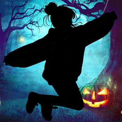 realistic girl jumping with a bun and oversized sweatshirt
