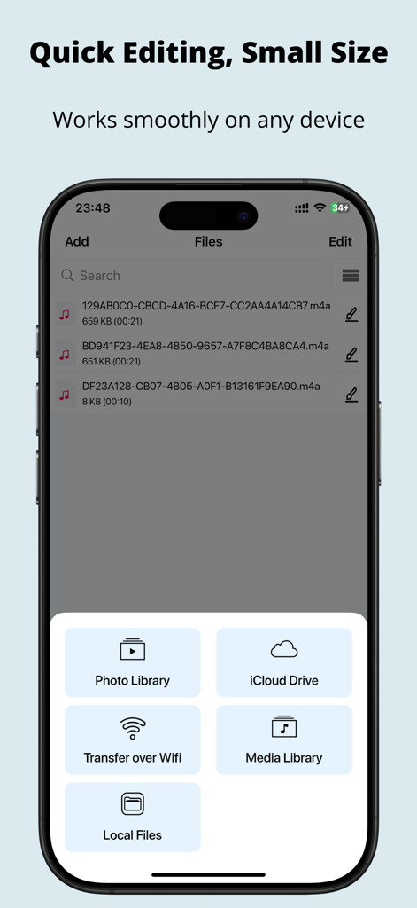 MP3 Cutter: Music Trim & Maker - iCloud Drive, 로컬 파일 및 미디어 라이브러리를 포함한 가져오기 옵션 메뉴와 오디오 파일 목록을 보여주는 MP3 커터 앱 인터페이스