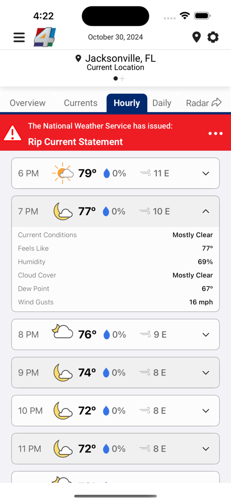News4Jax Weather Authority - News4Jax Weather Authority app displaying an hourly forecast and a red National Weather Service rip current alert for Jacksonville Florida