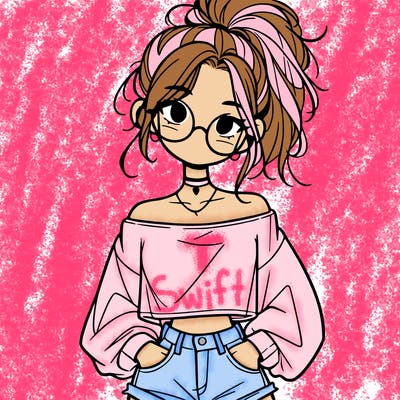 girl with a messy ponytail glasses a baggy crop top and jean shorts