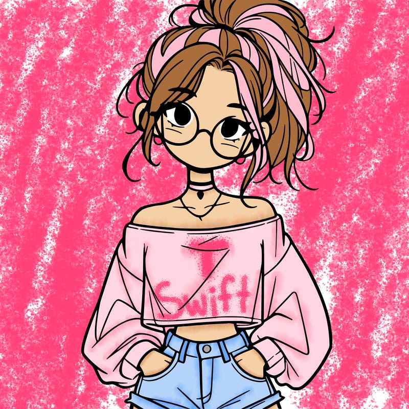 girl with a messy ponytail glasses a baggy crop top and jean shorts