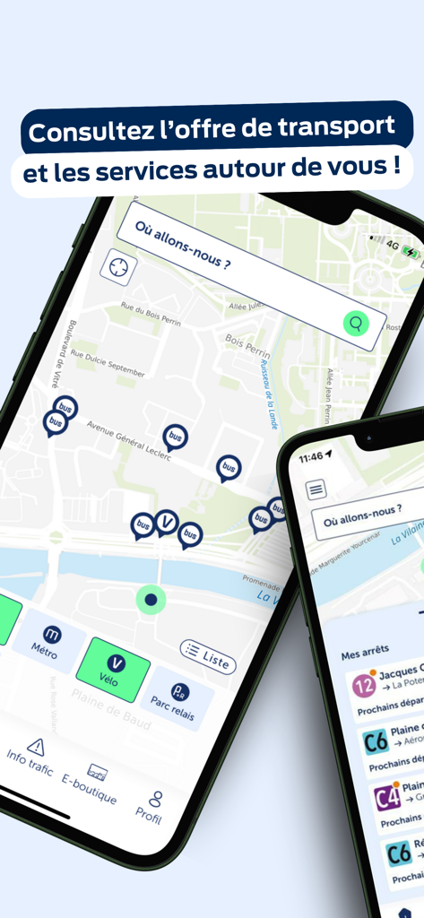 STAR Rennes app map showing real-time bus metro and bike station locations