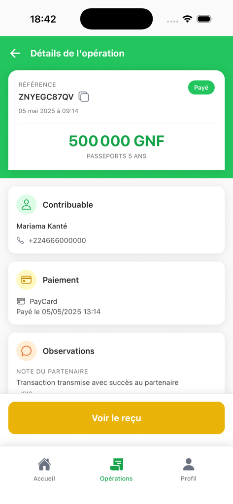 TresoPay - TresoPay app screen displaying a successful payment of 500000 GNF for a five year passport