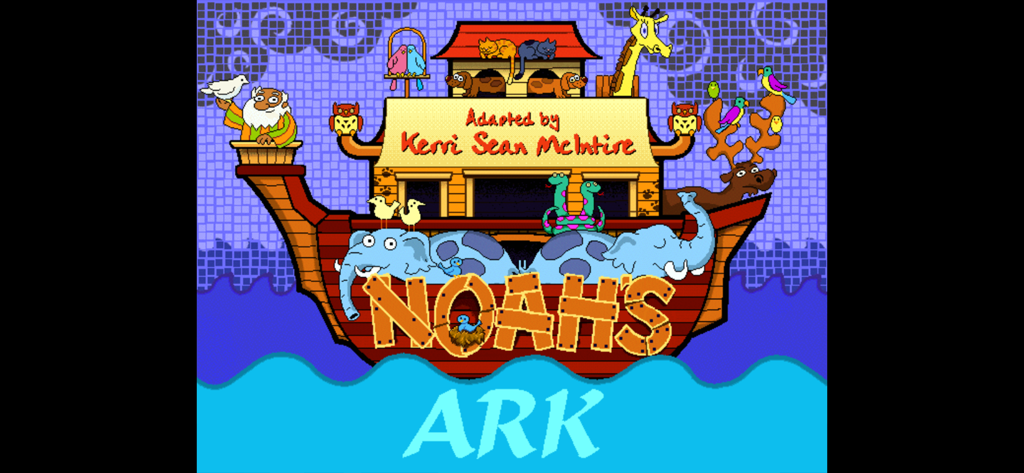 Title screen of the Noahs Ark interactive storybook app featuring colorful animals and Noah on a boat.