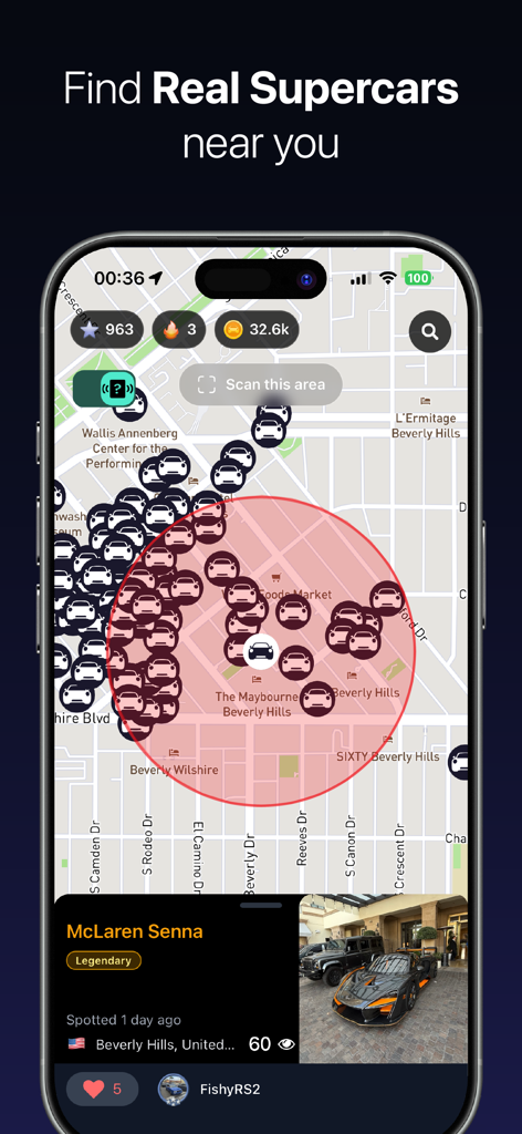 AutoRadar app interface showing a map of Beverly Hills with multiple supercar locations and a detailed spot for a legendary McLaren Senna.