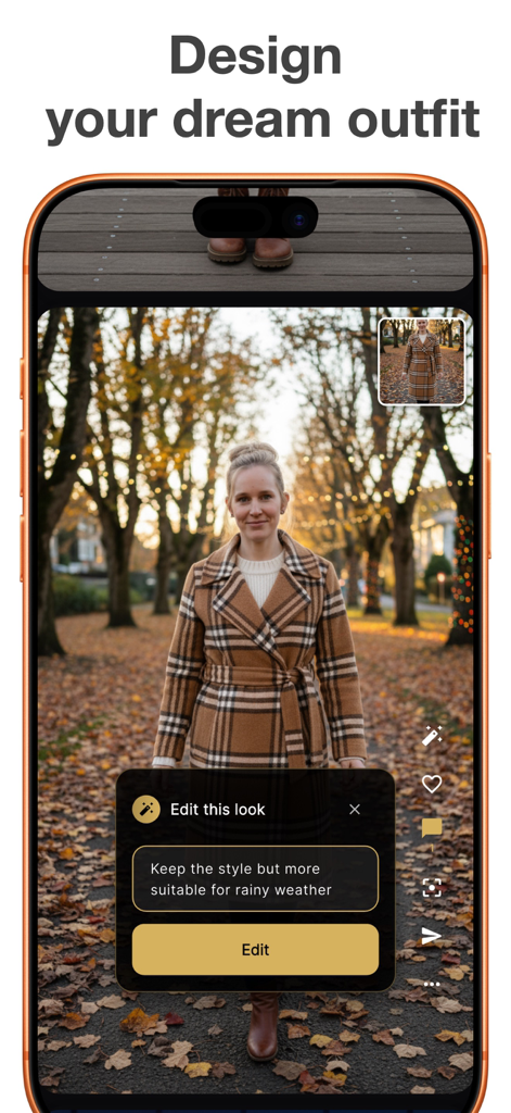 Outfit Generator - Vinchy - Vinchy app interface showing a woman in a plaid coat with an AI prompt to edit the outfit for rainy weather