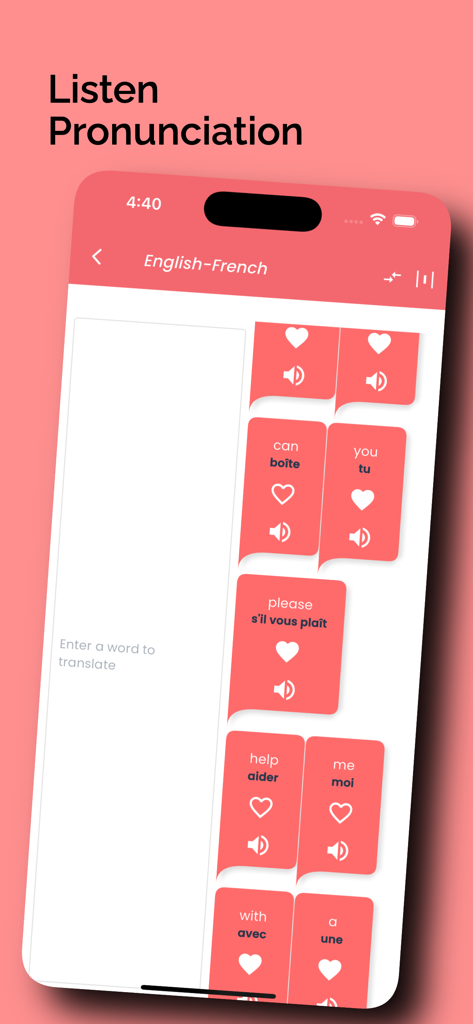 French Translator Offline - 오디오 발음 아이콘과 번역된 단어 카드 목록이 있는 프랑스어 번역기 오프라인 앱 사용자 인터페이스