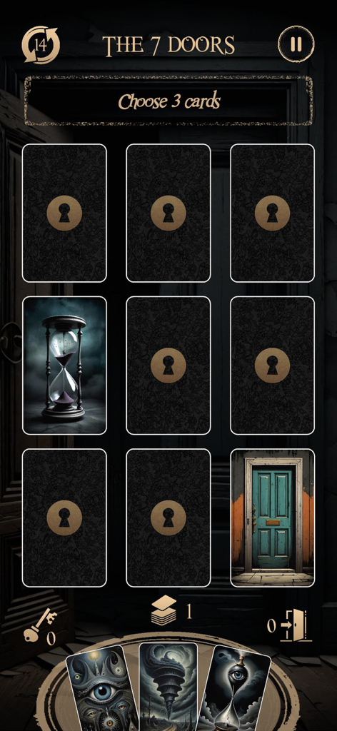 Une capture d'écran du gameplay du jeu de cartes The 7 Doors montrant une grille de cartes avec des symboles de sablier et de porte dans une disposition de salle d'évasion en solitaire.