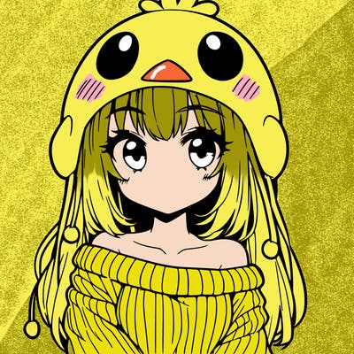 anime girl with chick shaped hat with sweater with bare shoulders with bangs covering them one eye with low tail