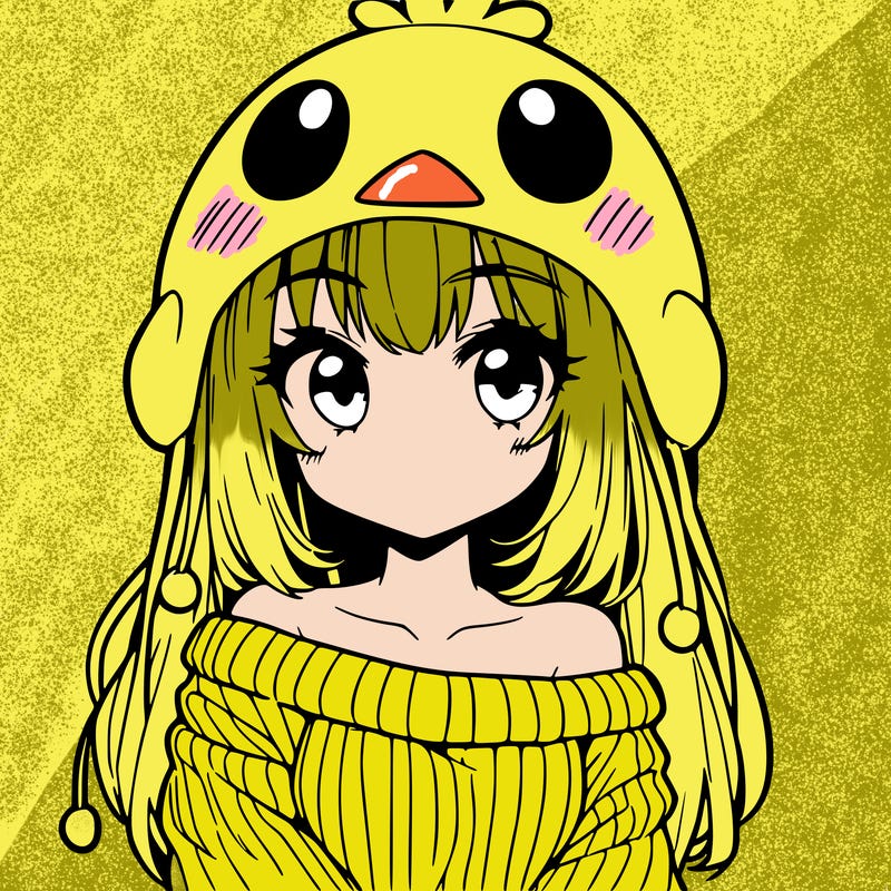 anime girl with chick shaped hat with sweater with bare shoulders with bangs covering them one eye with low tail