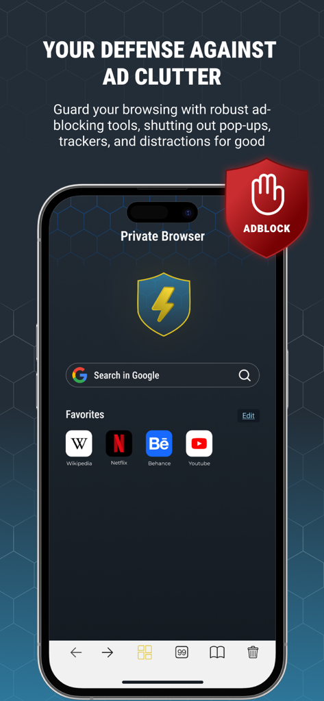 Interfaz del Navegador SilverSecure AI destacando su bloqueador de anuncios integrado y motor de búsqueda privado.