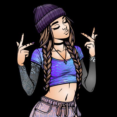 realistic teenage girl with braids and a beanie and crop top doing 🫶🏼