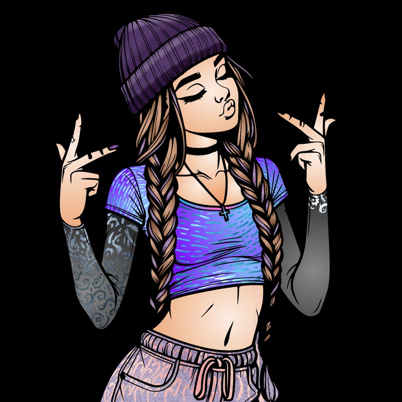 realistic teenage girl with braids and a beanie and crop top doing 🫶🏼